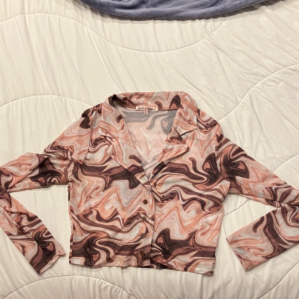 Swirl Pattern mesh Button-Up crop top